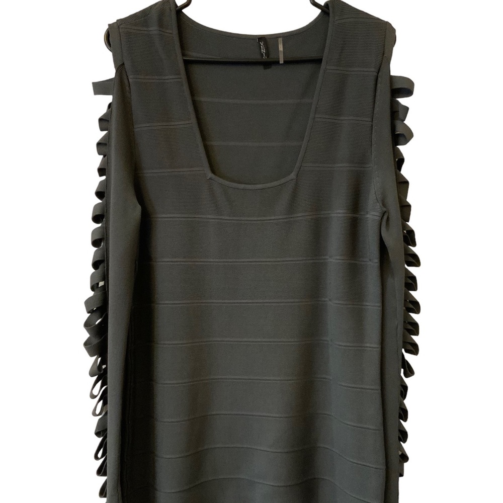 Dark Grey Top by Vertini Size L. Rectangular Cut Outs Down outside Of Arm